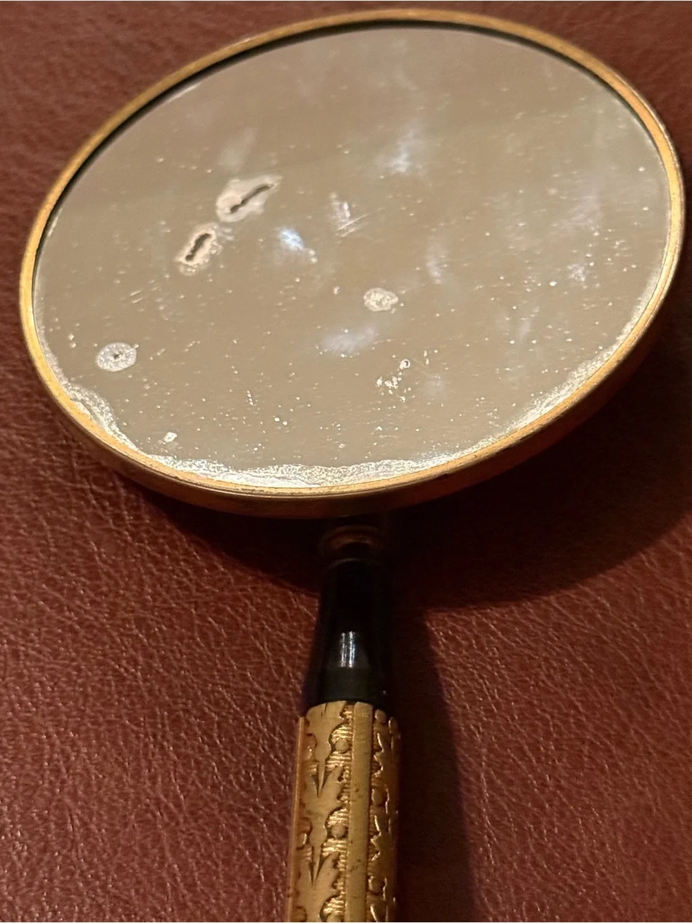 Vtg Womens Brass Handheld Mirror w painted courting scene